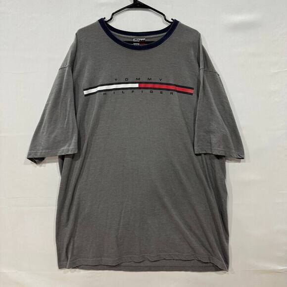 Vintage Y2K Tommy Hilfiger Men’s XXL‎ Gray Ringer Logo Tee Flag Tag - Picture 1 of 5